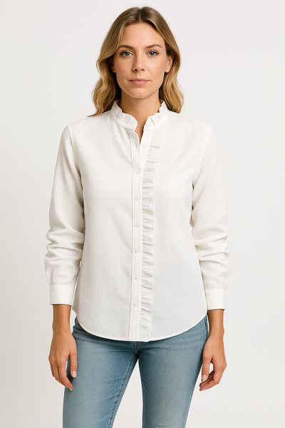 Women’s Blouse – Relaxed Fit – Textured Fabric – Long Sleeve – Button Front with Ruffle Trim