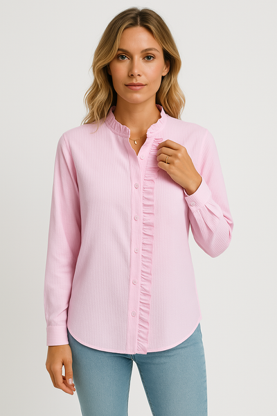 Women’s Blouse – Relaxed Fit – Textured Fabric – Long Sleeve – Button Front with Ruffle Trim