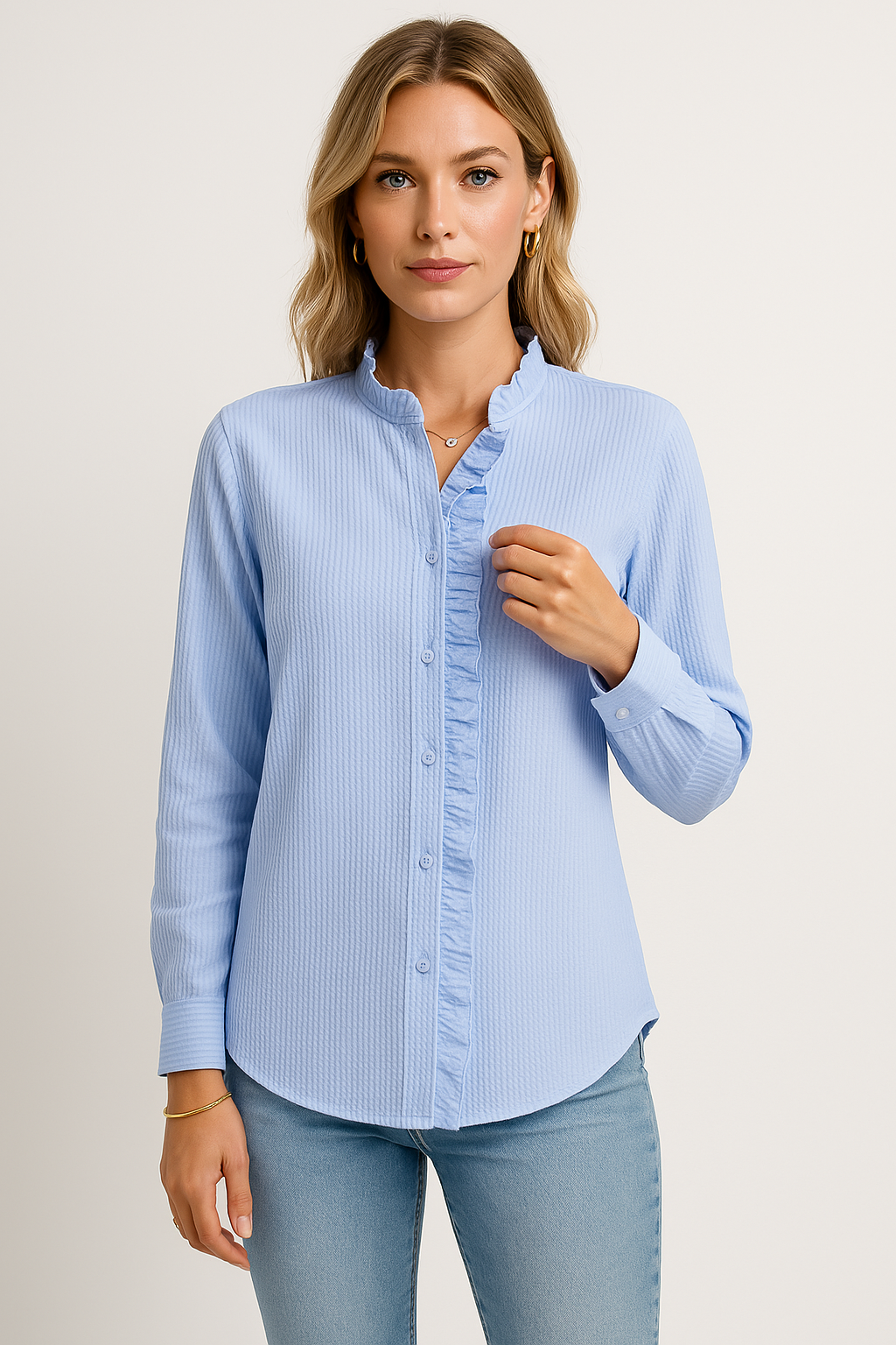 Women’s Blouse – Relaxed Fit – Textured Fabric – Long Sleeve – Button Front with Ruffle Trim