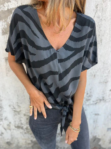 Women’s Blouse – Relaxed Fit – Tie-Front Waist – V-Neck – Short Sleeve – Breathable Blend