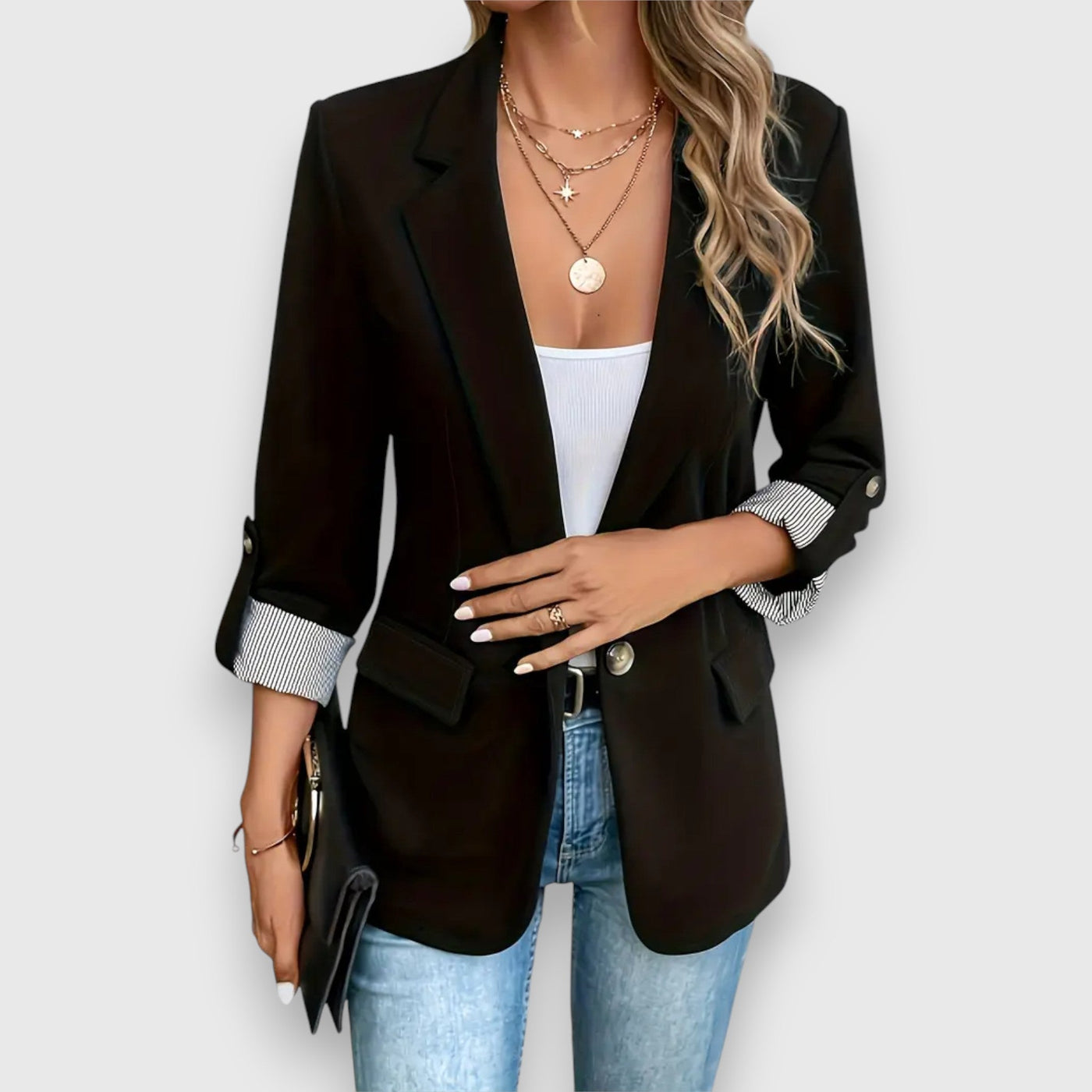 Women’s Blazer – Structured Fit – Single-Breasted – Notched Lapel – Rolled Cuff Sleeves