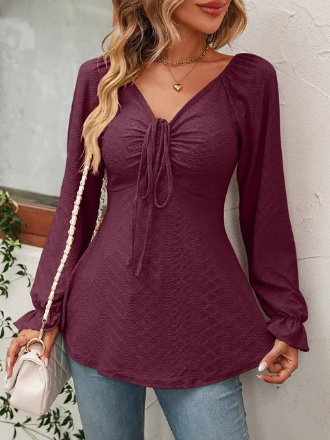 Women's V-Neck Top - Textured Fabric - Long Flared Sleeves - Ruched Front with Tie