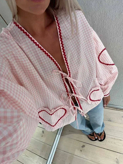 Pink Plaid Sweetheart Long Sleeve Blouse for Women
