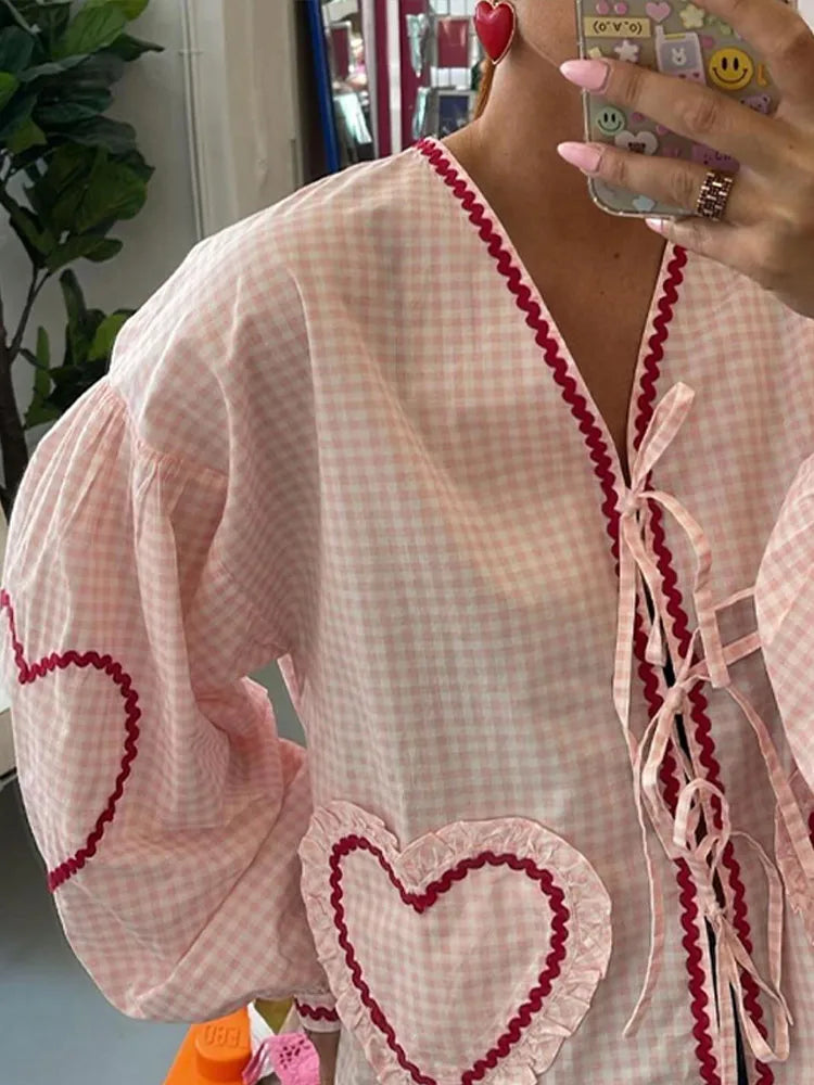 Pink Plaid Sweetheart Long Sleeve Blouse for Women