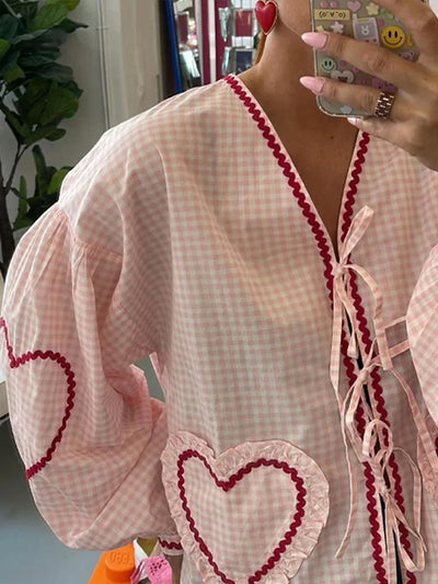Pink Plaid Sweetheart Long Sleeve Blouse for Women