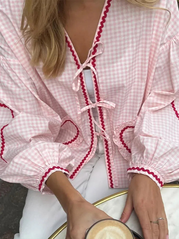 Pink Plaid Sweetheart Long Sleeve Blouse for Women