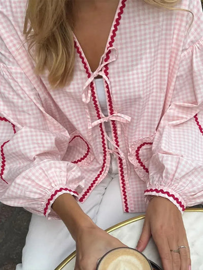 Pink Plaid Sweetheart Long Sleeve Blouse for Women