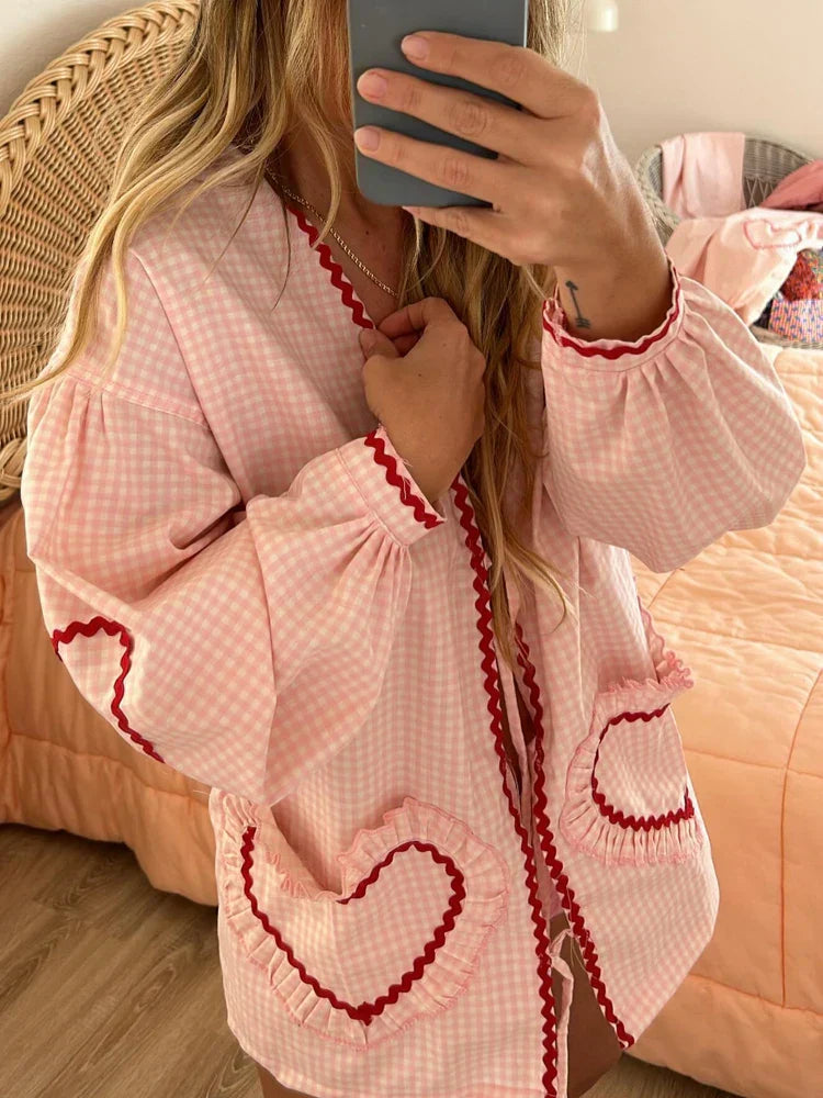 Pink Plaid Sweetheart Long Sleeve Blouse for Women