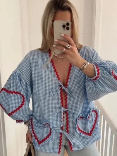 Pink Plaid Sweetheart Long Sleeve Blouse for Women