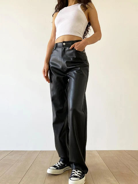 Women's Faux Leather Trousers - High Waisted - Wide Leg - Chic & Modern Fit