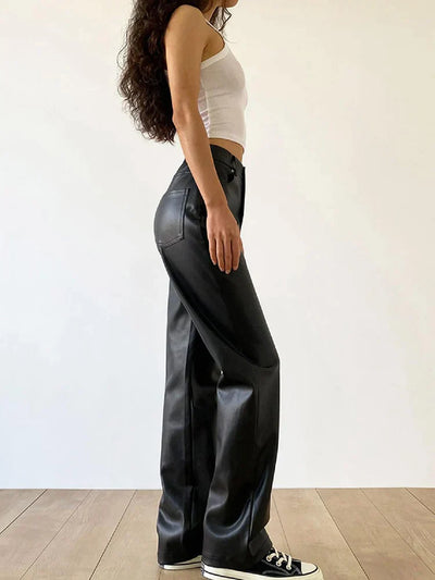 Women's Faux Leather Trousers - High Waisted - Wide Leg - Chic & Modern Fit