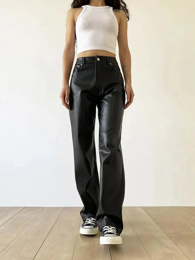 Women's Faux Leather Trousers - High Waisted - Wide Leg - Chic & Modern Fit