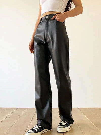 Women's Faux Leather Trousers - High Waisted - Wide Leg - Chic & Modern Fit