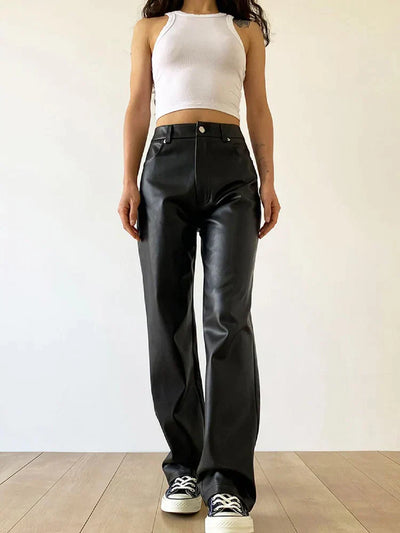 Women's Faux Leather Trousers - High Waisted - Wide Leg - Chic & Modern Fit