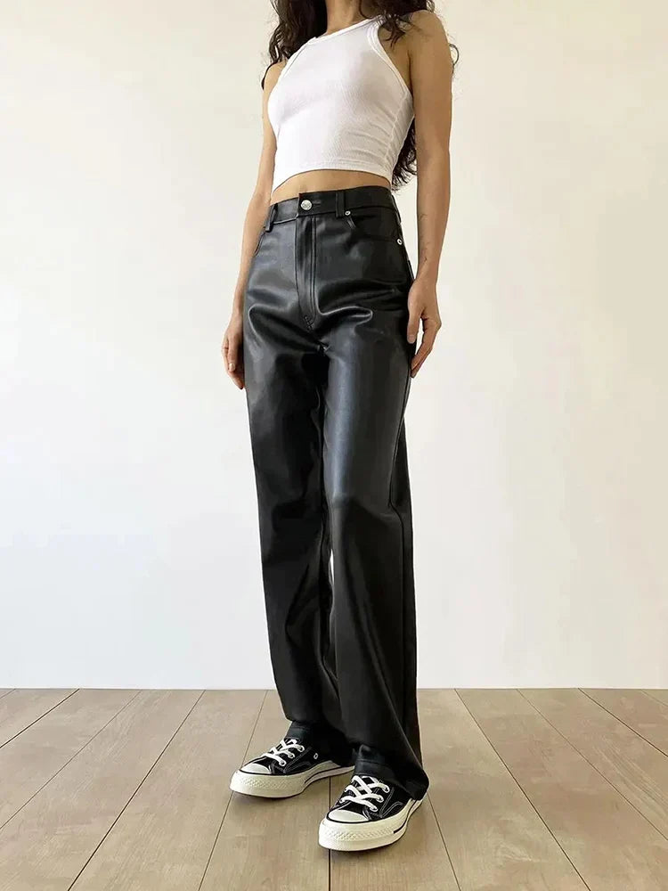 Women's Faux Leather Trousers - High Waisted - Wide Leg - Chic & Modern Fit