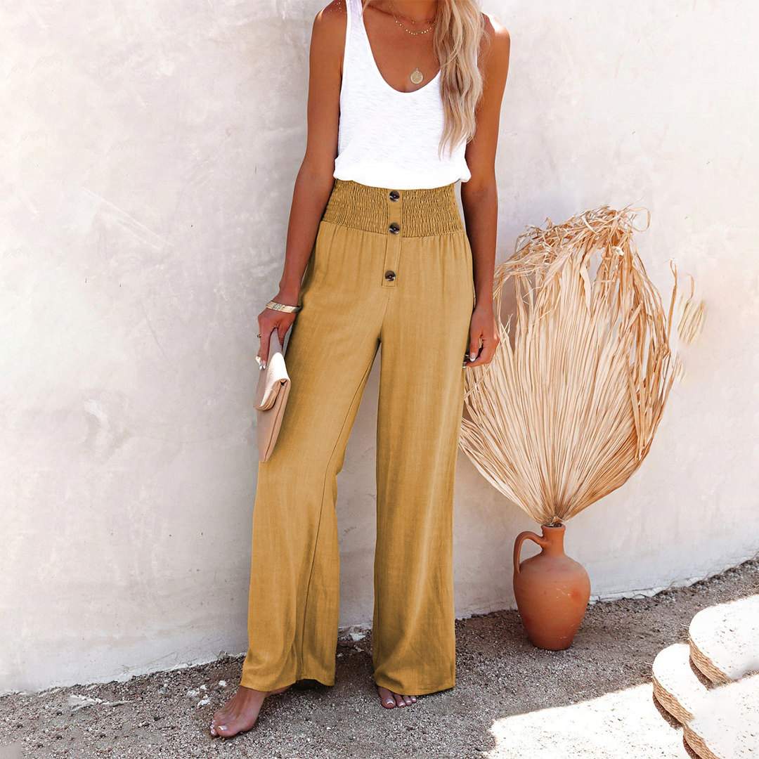 Women's High-Waisted Wide-Leg Trousers - Elastic Waist - Button Detail - Relaxed Fit