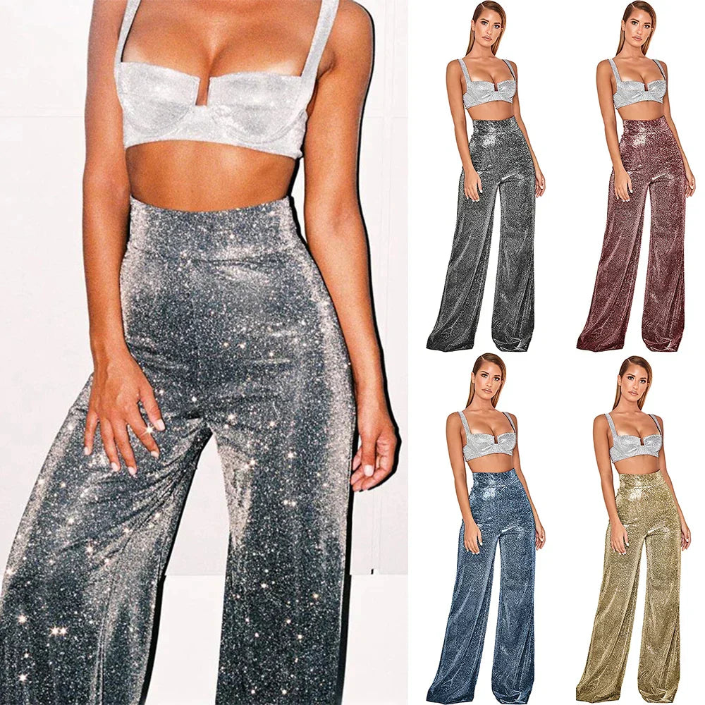 Women's High-Waisted Wide-Leg Trousers - Metallic Shimmer - Elegant Partywear