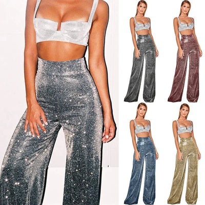 Women's High-Waisted Wide-Leg Trousers - Metallic Shimmer - Elegant Partywear