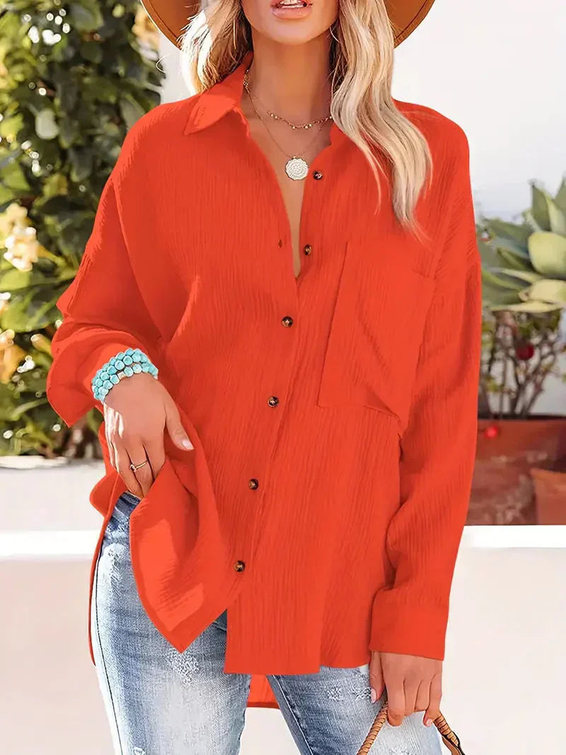 Women’s Blouse – Relaxed Fit – Crinkled Texture – Button Front – Breathable Blend