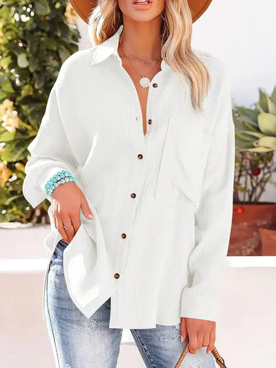 Women’s Blouse – Relaxed Fit – Crinkled Texture – Button Front – Breathable Blend