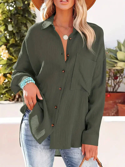 Women’s Blouse – Relaxed Fit – Crinkled Texture – Button Front – Breathable Blend