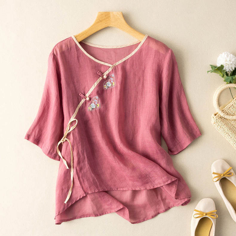 Women’s Blouse – Loose Fit – Embroidered Front – Short Sleeve – Breathable Blend – Tie Detail