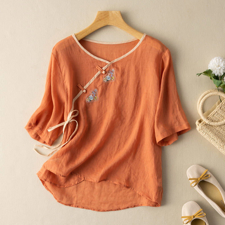 Women’s Blouse – Loose Fit – Embroidered Front – Short Sleeve – Breathable Blend – Tie Detail