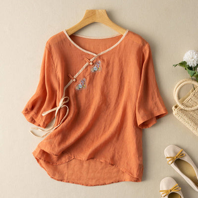 Women’s Blouse – Loose Fit – Embroidered Front – Short Sleeve – Breathable Blend – Tie Detail