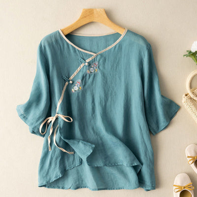 Women’s Blouse – Loose Fit – Embroidered Front – Short Sleeve – Breathable Blend – Tie Detail