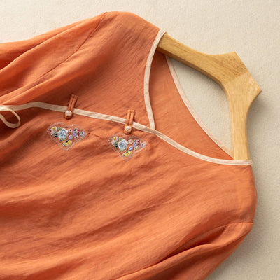 Women’s Blouse – Loose Fit – Embroidered Front – Short Sleeve – Breathable Blend – Tie Detail