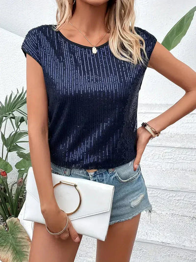 Women’s Blouse – Relaxed Fit – Sequin Embellished – Cap Sleeve – Luxury Fabric