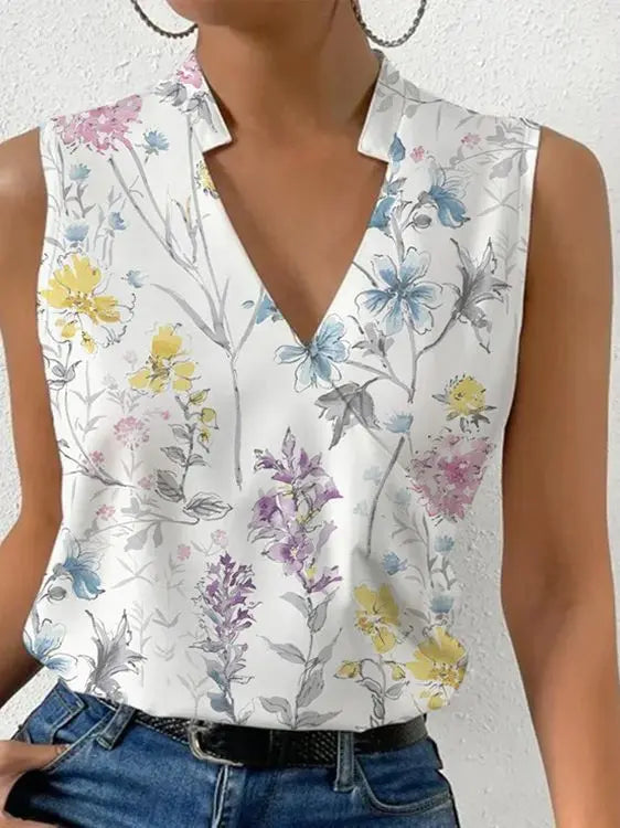 Women's Sleeveless V-Neck Printed Summer Blouse