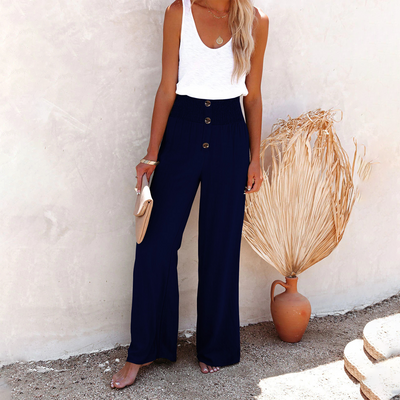 Women's High-Waisted Wide-Leg Trousers - Elastic Waist - Button Detail - Relaxed Fit