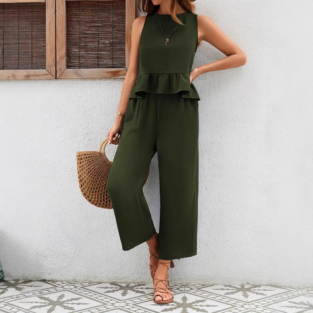 Women’s Trousers Suit Set – Sleeveless Top – Ruffled Waist – Wide Leg – Breathable Blend