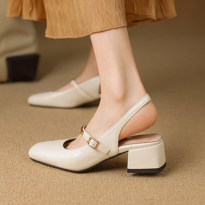 Women’s Slingback Heels – Faux Leather – Block Heel – Square Toe – Studded Strap