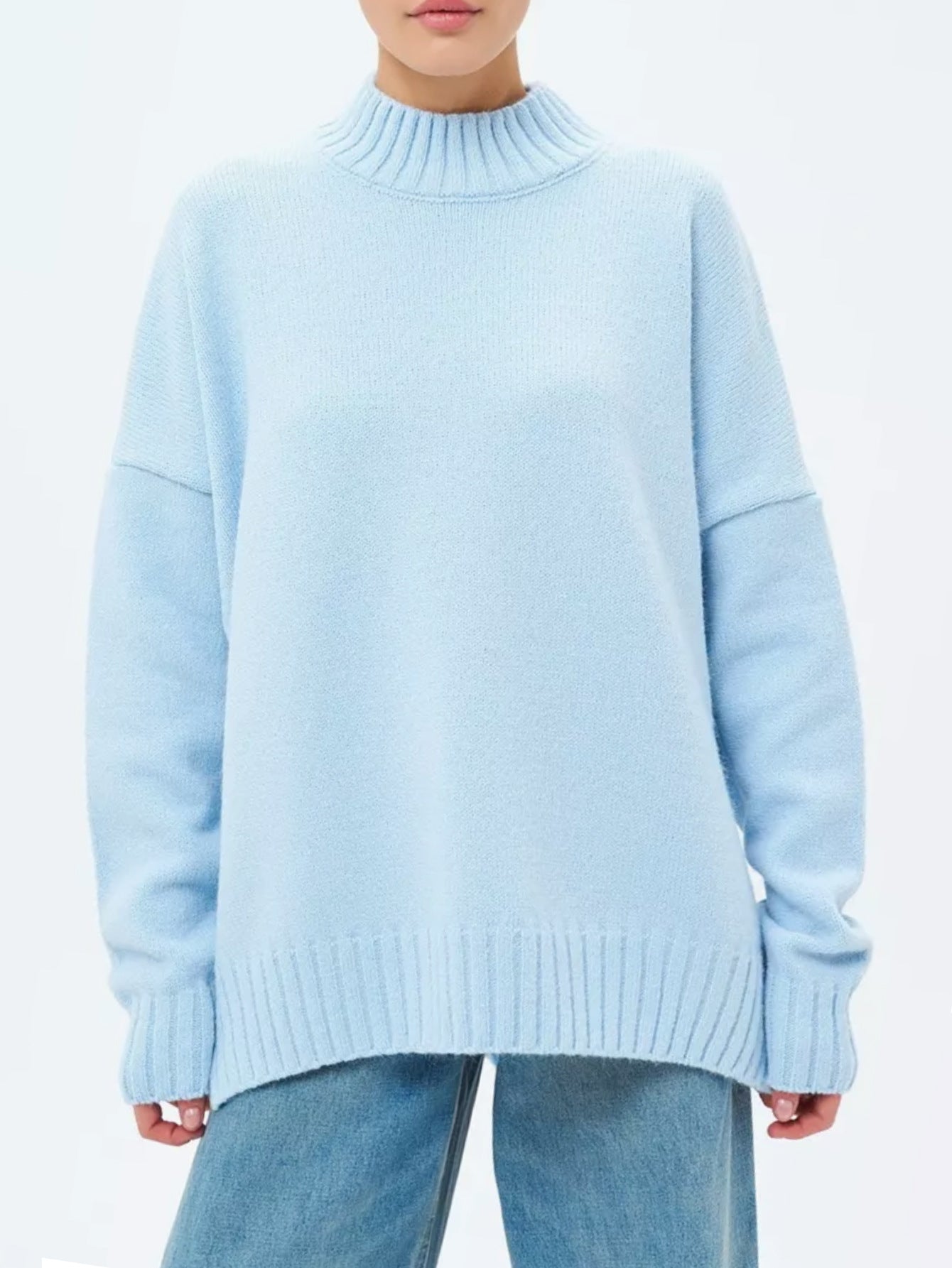 Women’s Pullover Sweater – Oversized Fit – Ribbed Knit – Semi-High Neck – Dropped Shoulder