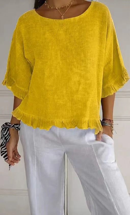 Women’s Blouse – Cotton Linen – Relaxed Fit – Short Sleeve – Ruffle Hem – Round Neck