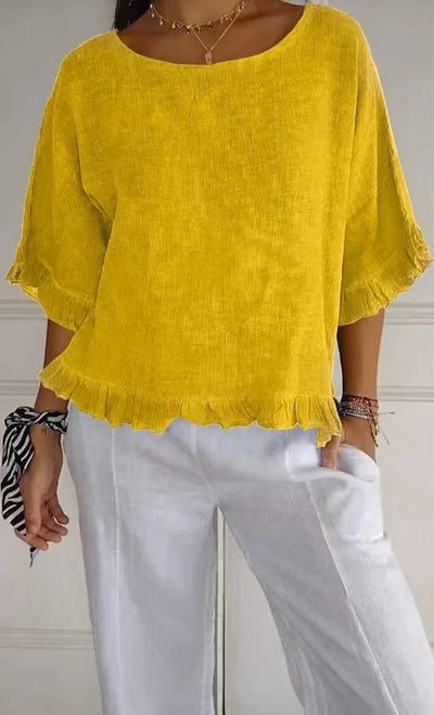 Women’s Blouse – Cotton Linen – Relaxed Fit – Short Sleeve – Ruffle Hem – Round Neck