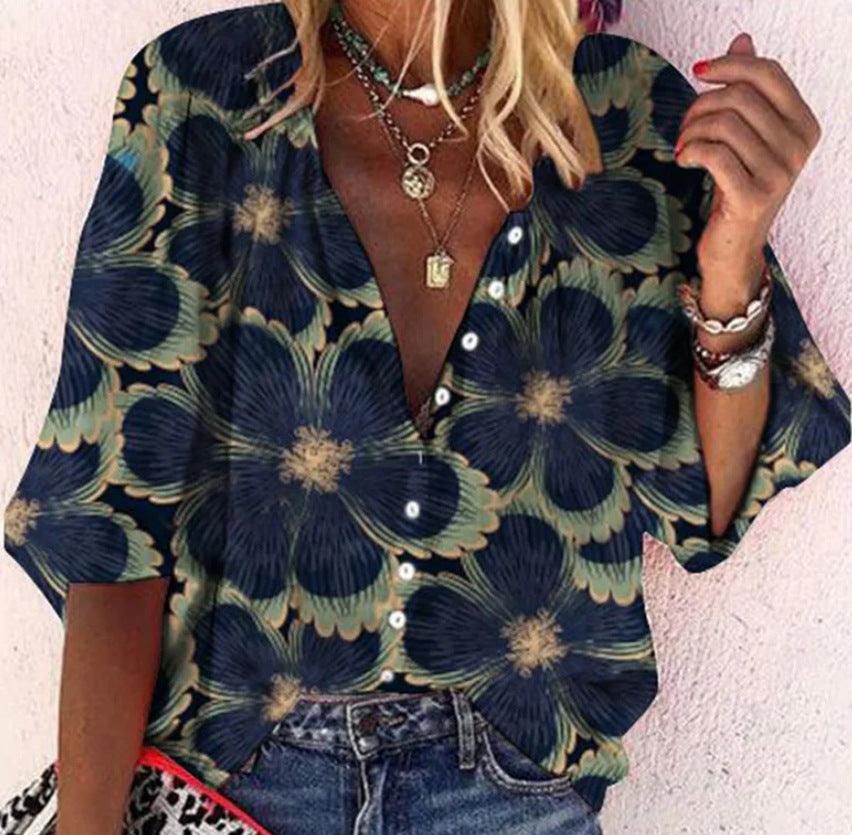 Women's Printed Boho Long Sleeve Tunic Blouse