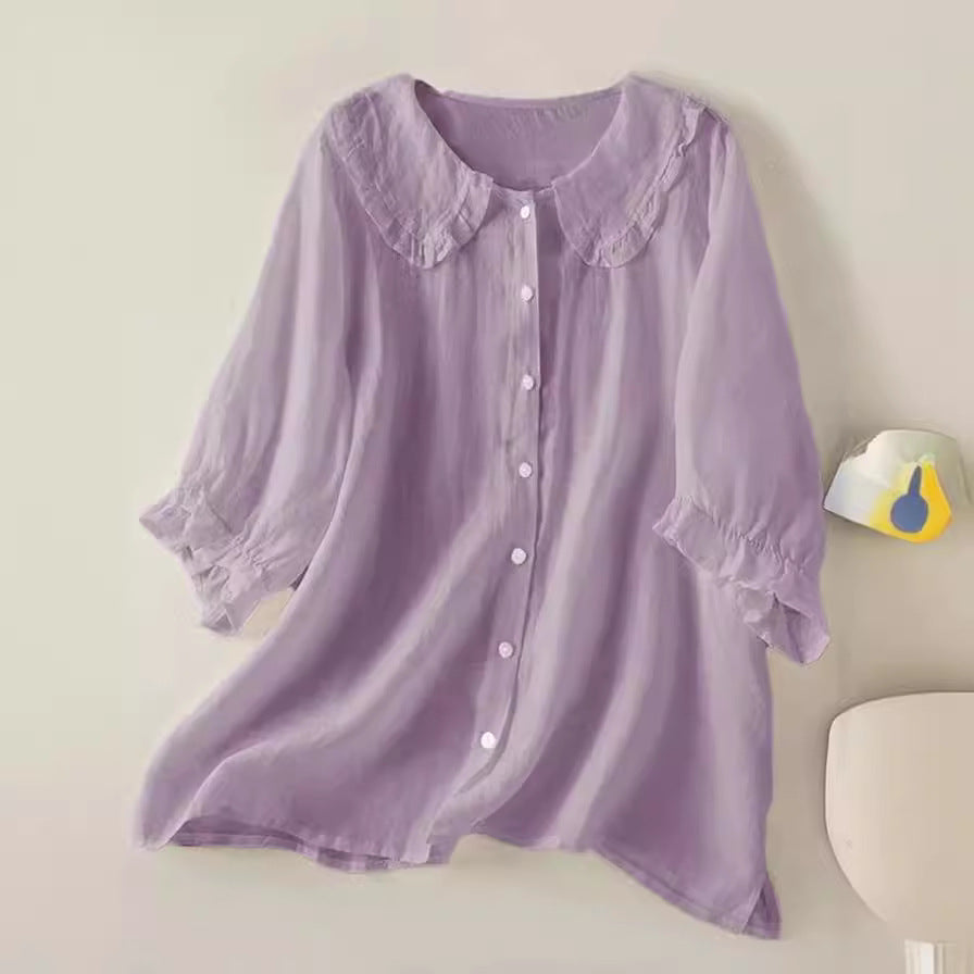 Women's cotton linen loose peter pan ruffles neck shirt