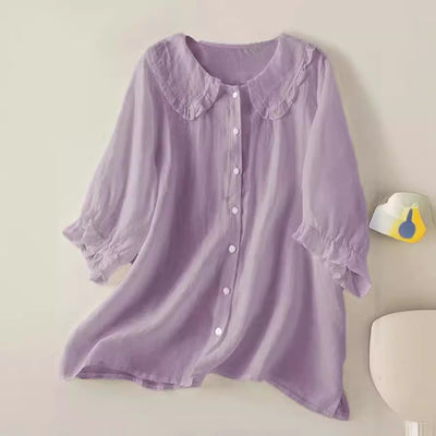 Women's cotton linen loose peter pan ruffles neck shirt