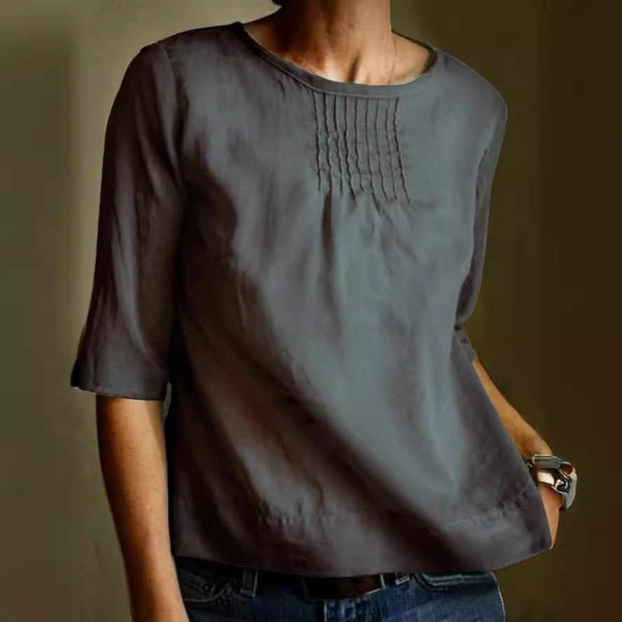 Women’s Blouse – Cotton Linen Blend – Loose Fit – 3/4 Sleeve – Pleated Front