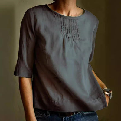 Women’s Blouse – Cotton Linen Blend – Loose Fit – 3/4 Sleeve – Pleated Front