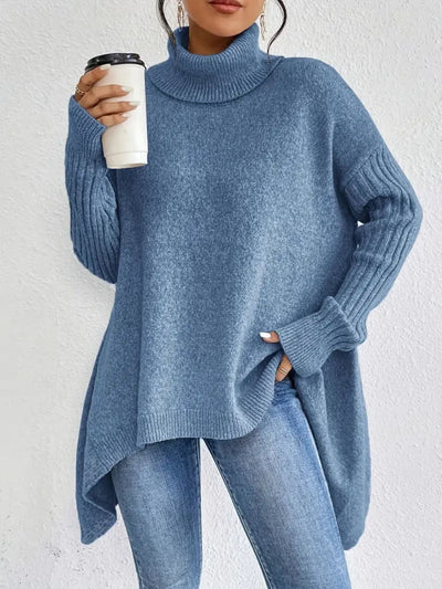 Women’s Turtleneck Sweater – Oversized Fit – Wool Knit – Asymmetrical Hem – Ribbed Sleeves