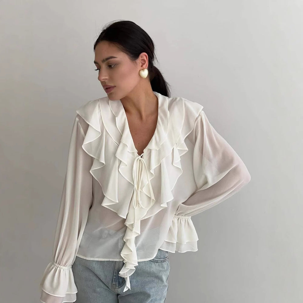 Women’s Blouse – Sheer Chiffon – Ruffle V-Neck – Relaxed Fit Long Sleeve