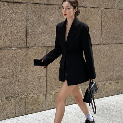 Women’s Blazer – Slim Fit – Waist Tie – V-Neck – Long Sleeve – Mid-Length – Tailored