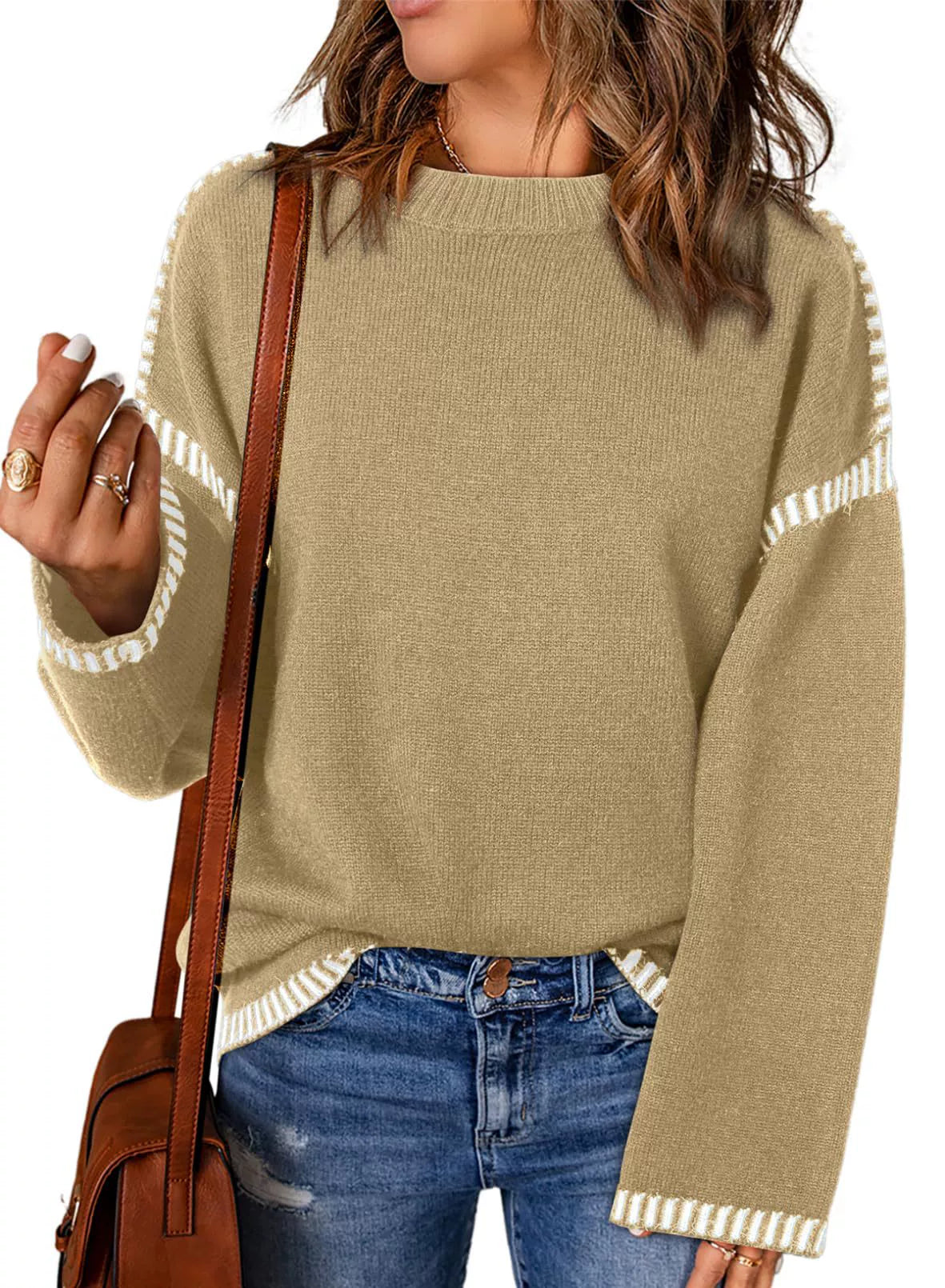 Women’s Sweater – Loose Fit Cable Knit – Round Neck – Long Sleeve with Stripe Trim
