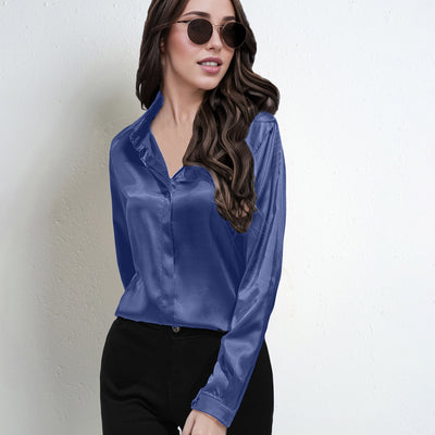 Women’s Blouse – Satin – Relaxed Fit – Long Sleeve V-Neck Button-Down