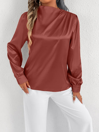 Women’s Satin Blouse – Relaxed Fit – High Neck – Long Sleeve – Minimalist Elegant Style