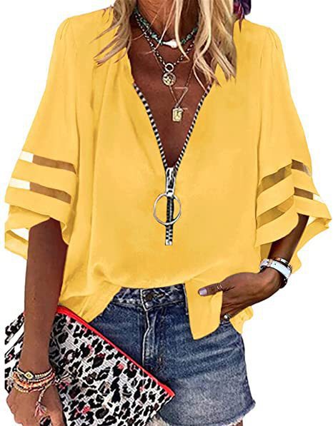 Women’s Zip-Up Blouse – Relaxed Fit – Slit Elbow Sleeves – V-Neck